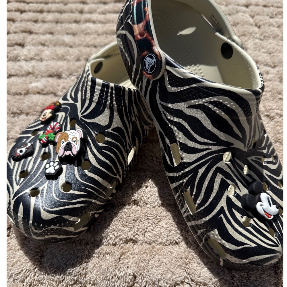 Crocs Classic Clogs Zebra Leopard Animal Print Mens 8 Womens 10 Mickey Jibbitz